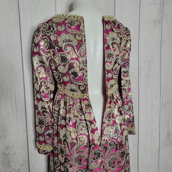Vintage 60s Joan Leslie for Kasper Gold Lurex & Pink Floral Formal Maxi Dress - Picture 8 of 10